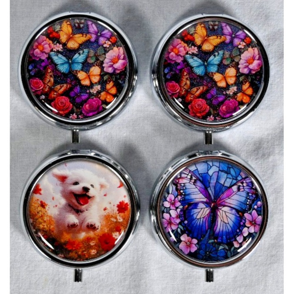 Set of 4 Butterfly Puppy Round Pill Boxes 3 Compartments Mini Pocket Size